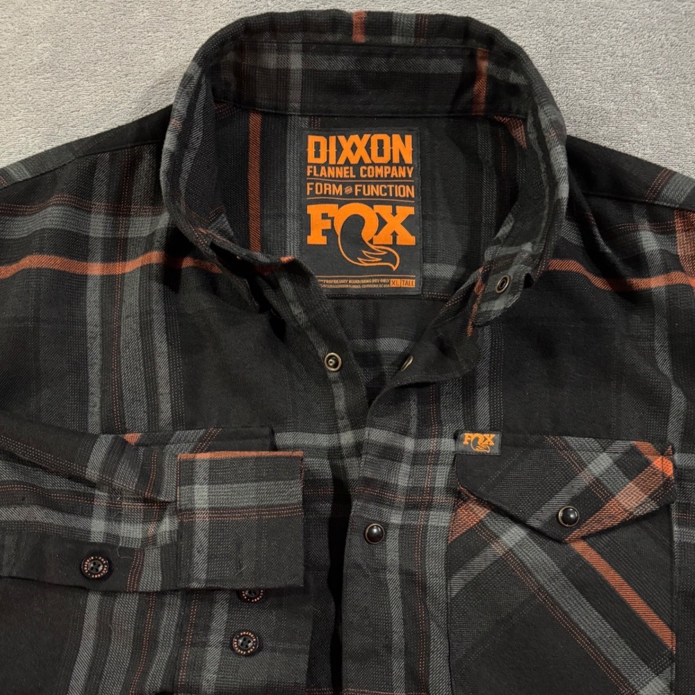 Dixxon Flannel Fox Racing Plaid Shirt Mens XL Tall Charcoal Grey Orange D-Tech